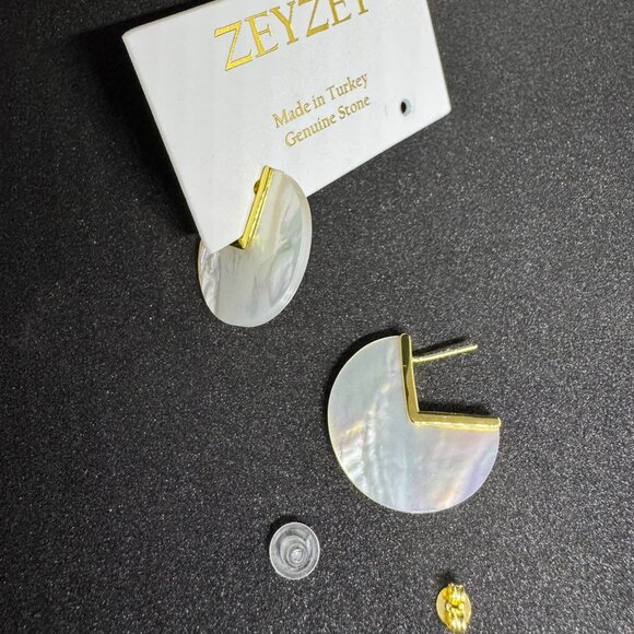 ZeyZey Mother of Pearl 3/4 Circle Post Earrings with Gold Colored Accents - Picture 8 of 9